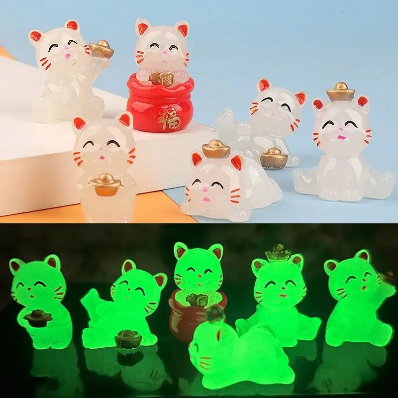 6PCS Creative Glowing Fortune Lucky Cat Micro Landscape DIY Decoration Luminous Cat Mini Figurines Car Office Desktop Ornaments